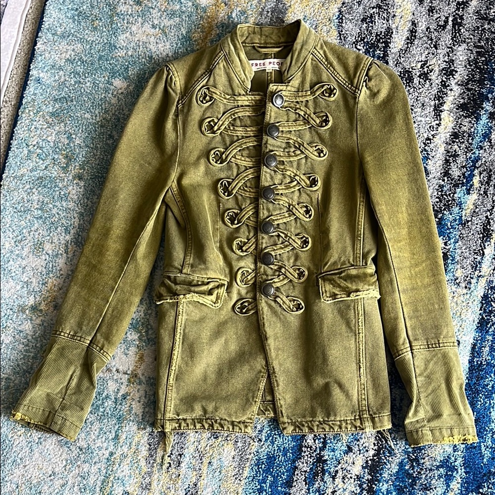 Free People Green Military Jacket with Braided Trim